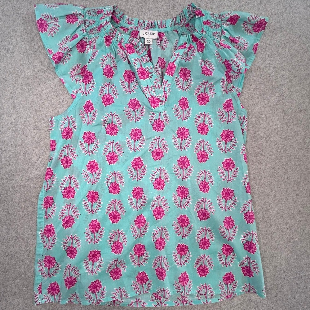 J.Crew Flutter Sleeve Blouse Womens‎ XS Turquoise Pink Floral Block Print
